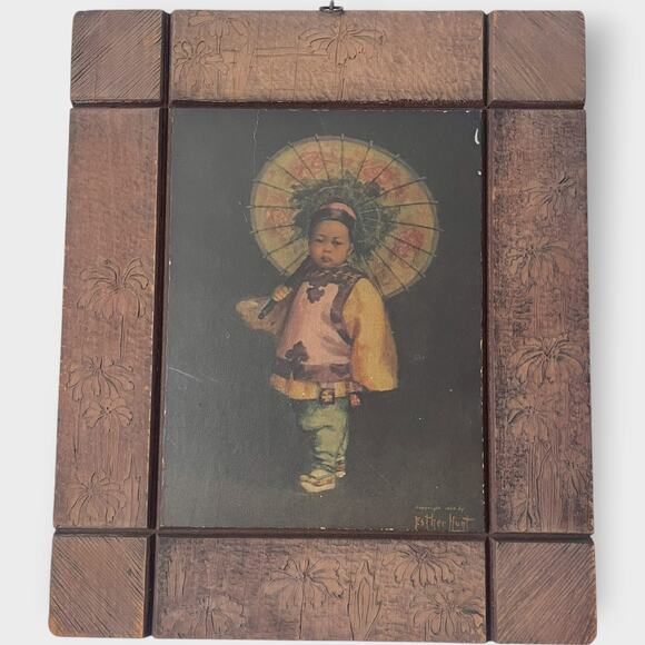 Antique Print 1903 Esther Hunt Chinese Girl Set Original Wood Frame Carved - Picture 2 of 13